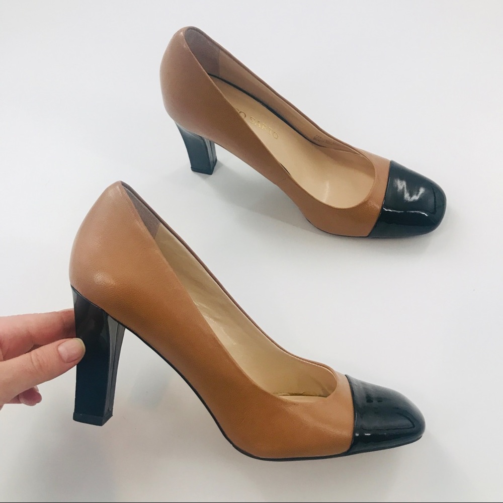 Franco Sarto Fynn Tan Leather Black Patent Toe Color-block 3” Heel
